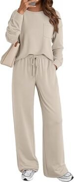 Women's 2-Piece Lounge Sweatsuit – Long Sleeve Pullover & Wide Leg Pants Set