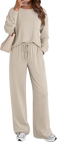 51JUbYXyK3L._AC_SY500_ Women's 2-Piece Lounge Sweatsuit – Long Sleeve Pullover & Wide Leg Pants Set - Image 1