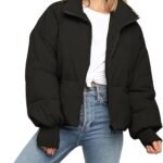 Women's Cropped Puffer Jacket – Quilted Baggy Winter Coat with Full Zip & Side Pockets