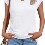 Womens V Neck T Shirts Spring Summer Cap Sleeve Basic Tees Trendy Cute Tops for Work Dressy Casual Beach Vacation