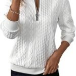 Women's Quilted Sweatshirt – Zipper Neck Long Sleeve Loose Pullover