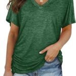 Womens Summer T-Shirts Short Sleeve V Neck Dolman Tops with Side Shirring Loose Fit Shirts Spring Fashion