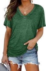 Womens Summer T-Shirts Short Sleeve V Neck Dolman Tops with Side Shirring Loose Fit Shirts Spring Fashion