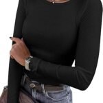 Women Long Sleeve Rib Knit Slim Fit Tops Basic Tee 2025 Fall Outfits Casual T-Shirt Underscrubs Layer Clothes
