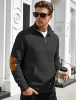 Men’s Stand Collar Quarter-Zip Sweatshirt – Fall Waffle Pullover with Long Sleeves and Pockets - Image 4