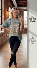 Oversized Rock Band T-Shirt Women Country Music Shirt Tops Nashville Music City Tshirt Vintage Guitar Wings Graphic Tees - Image 2