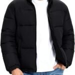 PEHMEA Men’s Puffer Jacket Stand Collar Zipper Coat with Pockets Retro Bubble Outwear for Winter