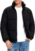 PEHMEA Men’s Puffer Jacket Stand Collar Zipper Coat with Pockets Retro Bubble Outwear for Winter