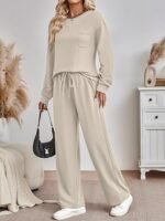 Women's 2-Piece Lounge Sweatsuit – Long Sleeve Pullover & Wide Leg Pants Set - Image 3