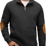 Men’s Stand Collar Quarter-Zip Sweatshirt – Fall Waffle Pullover with Long Sleeves and Pockets