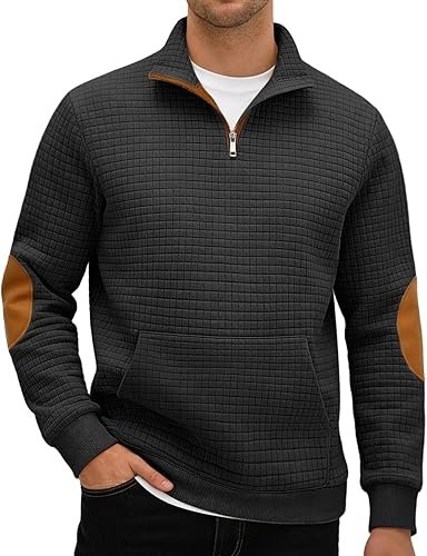 71ca3eO57ML._AC_SY500_ Men’s Stand Collar Quarter-Zip Sweatshirt – Fall Waffle Pullover with Long Sleeves and Pockets - Image 1