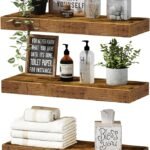 QEEIG Floating Shelves for Wall Bathroom Shelf Bedroom Kitchen Living Room Hanging Book Shelves Small Farmhouse Decor 16 inch Set of 3, Rustic Brown (015-BN3)