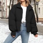 Women's Cropped Puffer Jacket – Quilted Baggy Winter Coat with Full Zip & Side Pockets - Image 3
