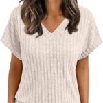 AUTOMET Womens Spring Tops 2026 Summer Dressy Casual Blouses Short Sleeve Cute V Neck Sweater Shirts Fashion Vacation Clothes