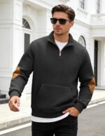 Men’s Stand Collar Quarter-Zip Sweatshirt – Fall Waffle Pullover with Long Sleeves and Pockets - Image 5