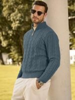 Men’s Quarter-Zip Pullover Sweater – Cable Knit Casual Stand Collar Textured Knit - Image 5