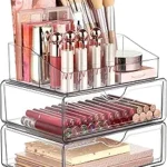 Vtopmart 3 Tier Clear Makeup Organizer with Drawer, Cosmetic Storage for Dresser Countertop and Bathroom Vanity, Beauty Holder for Lipstick Brush Skincare