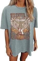 Oversized Rock Band T-Shirt Women Country Music Shirt Tops Nashville Music City Tshirt Vintage Guitar Wings Graphic Tees