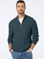 Men’s Quarter-Zip Pullover Sweater – Cable Knit Casual Stand Collar Textured Knit - Image 4