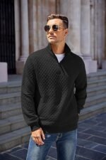 Men’s Quarter-Zip Quilted Pullover – Knit Long Sleeve Mock Neck Sweater with Pocket - Image 2