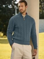 Men’s Quarter-Zip Pullover Sweater – Cable Knit Casual Stand Collar Textured Knit - Image 6