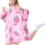 Aemicion Blanket Hoodie for Kids, Oversize Sherpa Sweatshirt Wearable Blanket with Pink Strawberry – Gift for Girls, Daughter, Friends