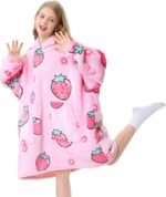 Aemicion Blanket Hoodie for Kids, Oversize Sherpa Sweatshirt Wearable Blanket with Pink Strawberry – Gift for Girls, Daughter, Friends