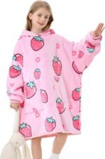 Aemicion Blanket Hoodie for Kids, Oversize Sherpa Sweatshirt Wearable Blanket with Pink Strawberry – Gift for Girls, Daughter, Friends - Image 2