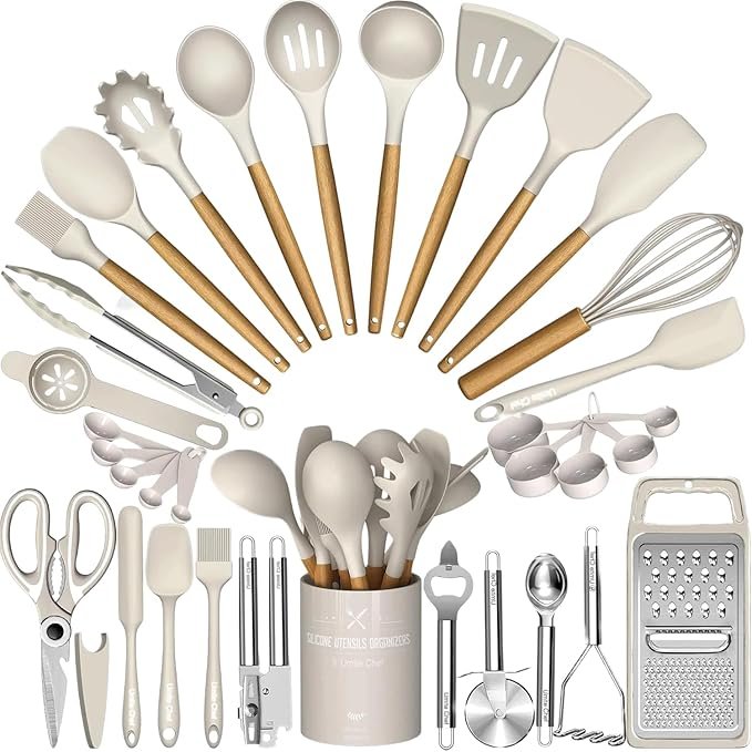 71L5ike7ExL._AC_SX679_ Cooking Utensils Set – Umite Chef Khaki Silicone Kitchen Utensils Set, 34PCS - Image 1