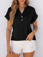 Womens Short Sleeve Henley Tops V Neck Dressy Casual Blouses Summer Trendy Tee Shirts 2026 Vacation Fashion Clothes - Image 3