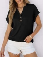 Womens Short Sleeve Henley Tops V Neck Dressy Casual Blouses Summer Trendy Tee Shirts 2026 Vacation Fashion Clothes - Image 4